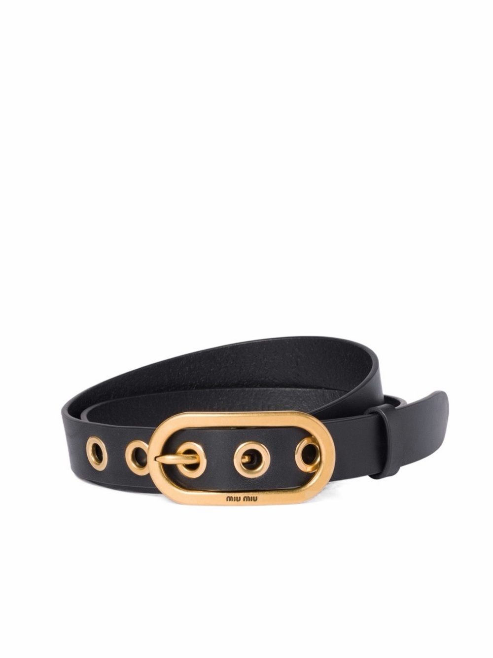 Miu Miu Black Leather Belt with Gold-Tone Oval Eyelet Buckle